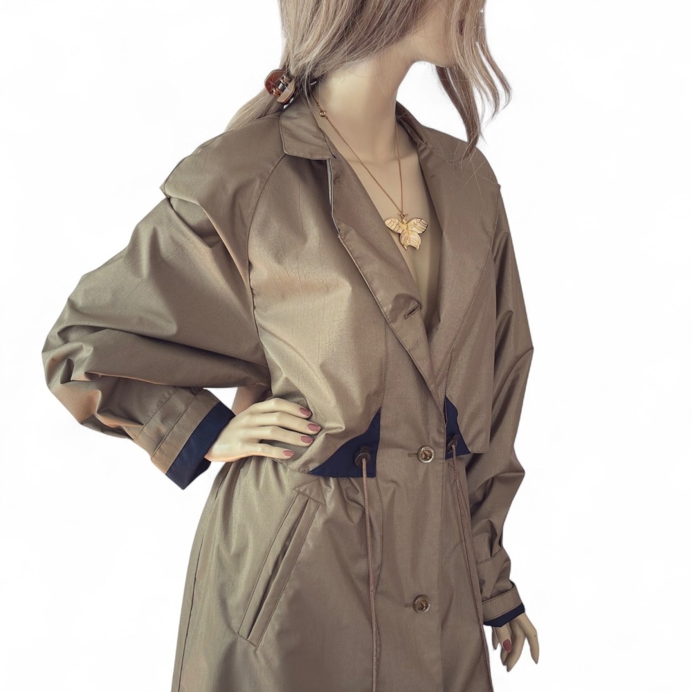 Vintage 80s‎ Taupe Trench Coat Duster Style Retro Femme Streetwear Dark Academia - Picture 3 of 9